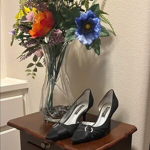 Nina Black Satin Heels with Rhinestone Accent